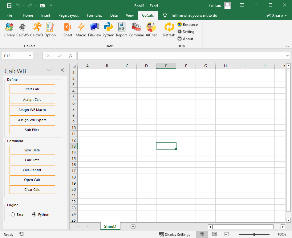 GoCalc Addin calculation workbook panel